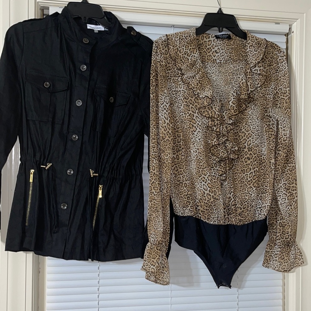 CALVIN KLEIN BLACK JACKET LINEN NWOT ZARA CHEETAH BODYSUIT LARGE FITS MEDIUM